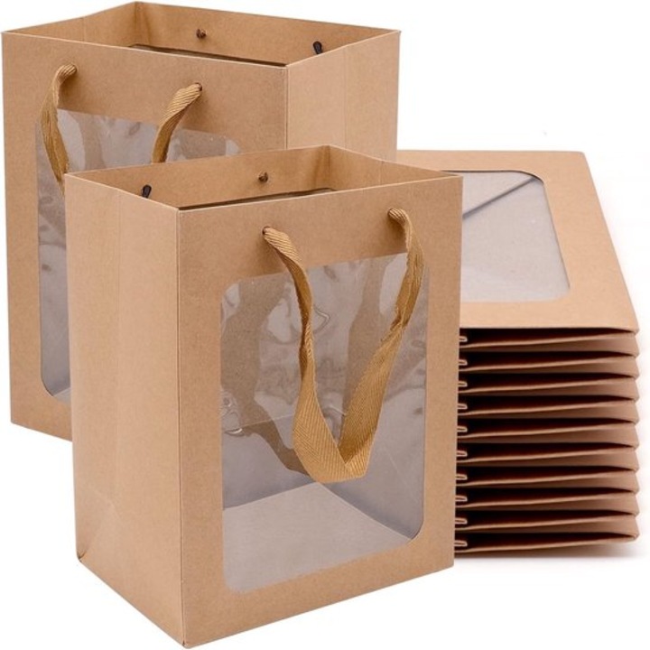 Set 10 pungi din hartie kraft cu fereastra transparenta, maro, 18x13x25cm