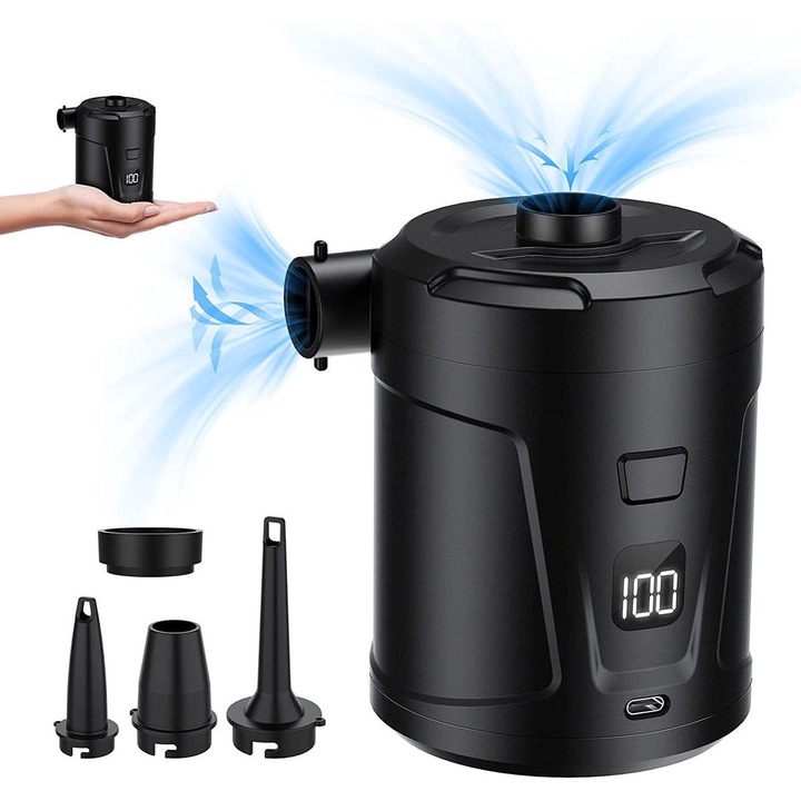 Elektromos pumpa, 5200mAh, 3 fúvóka, hordozható, USB töltés, fekete