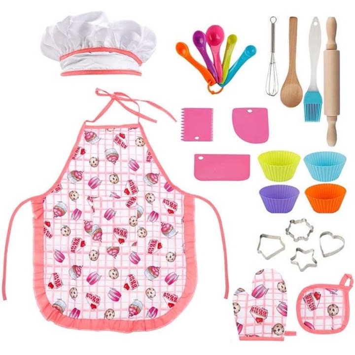 Set de gatit pentru copii, 23 piese, sort si boneta, forme pentru briose, taietori pentru fursecuri, roz
