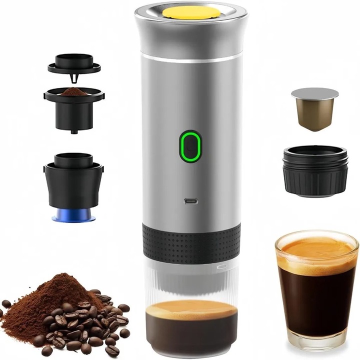 Espressor portabil 3-in-1, suporta capsule si cafea macinata, argintiu, usor de curatat