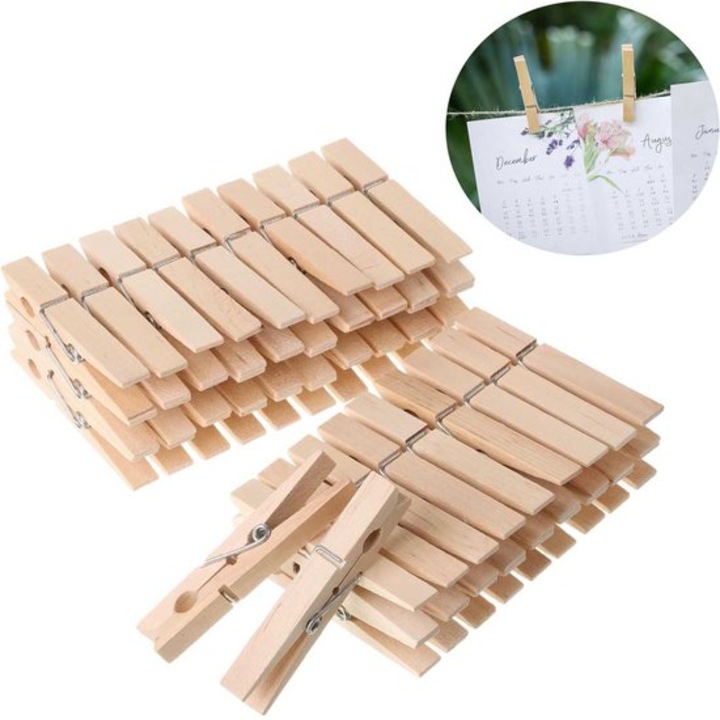 Set 50 cleme de rufe din lemn, design rustic, 7.2x1x1.3cm