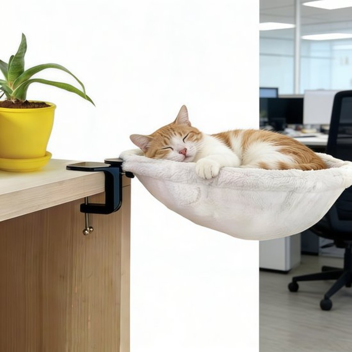 Hamaca pentru pisici de birou, 40cm, design alb, suport pentru pisici mici si medii, montare cu cleme
