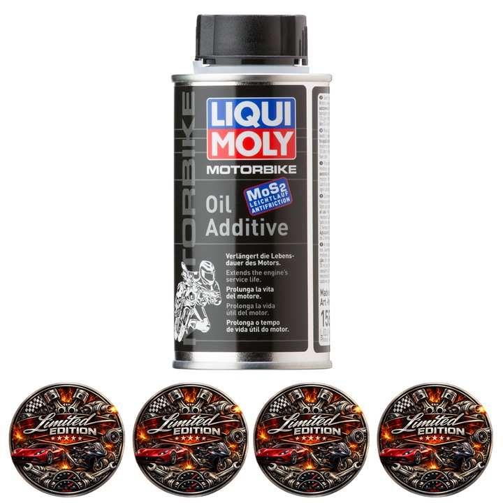 Aditiv Ulei Moto Liqui Moly Motorbike Oil Additive MoS, Protectie Uzura Motor, Compatibil Ambreiaj Umed, Consum Redus Ulei si Combustibil, 125 ml, 4x Stickere