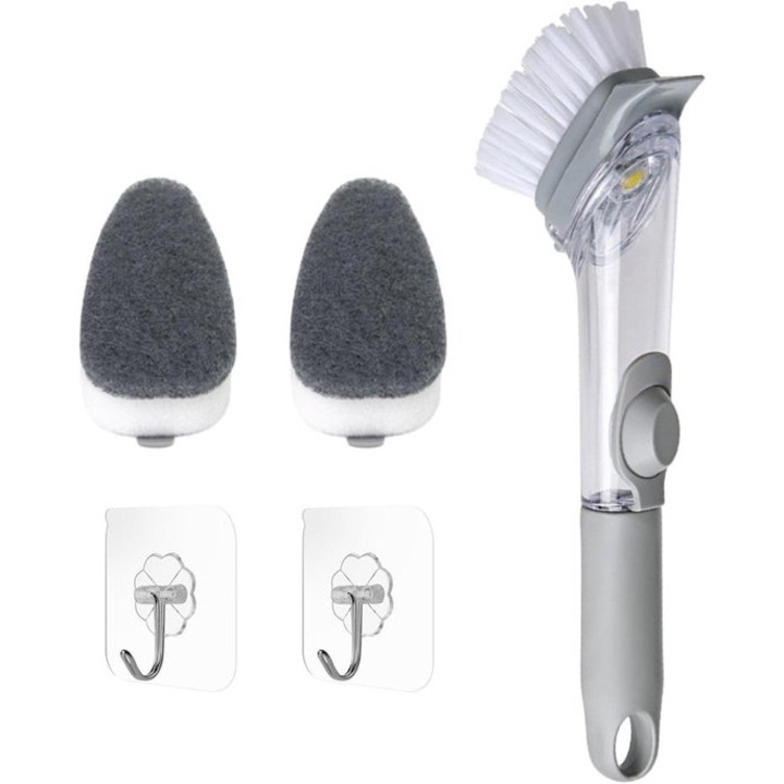 Perie de spalat vase cu dispenser de detergent, 1 bucata, include 2 bureti si 2 carlige, design ergonomic