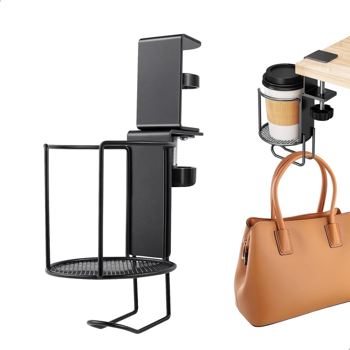 Suport bauturi desktop, rotativ 360°, material PET si otel, negru, compatibil cu cani si sticle