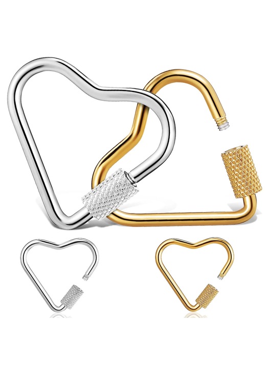 4 darab szív alakú karabiner kulcstartó szett, rozsdamentes acél, ezüst, elegáns stílus
