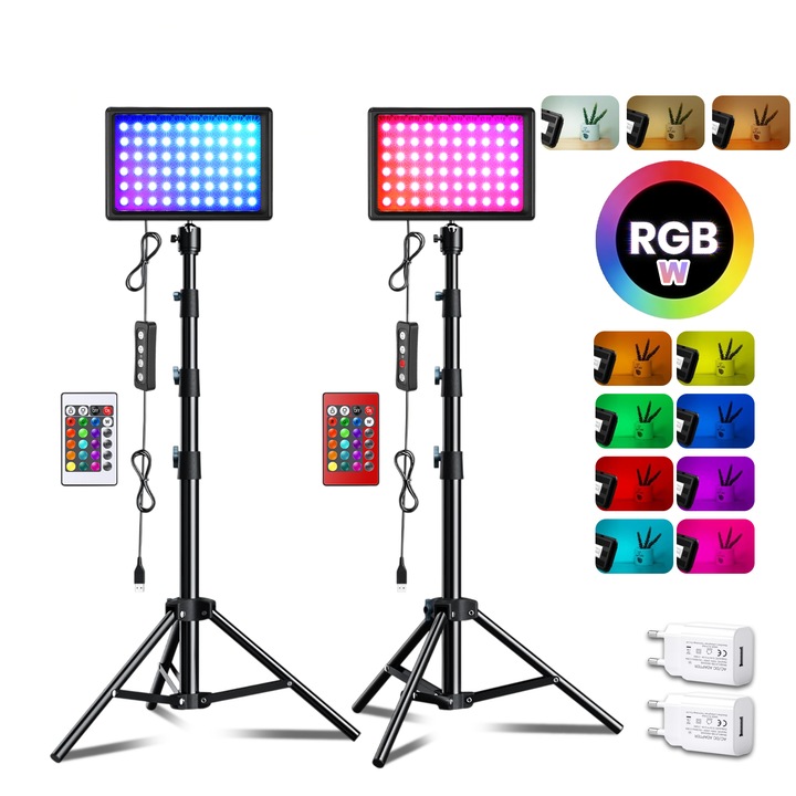 Комплект 2 студийни лампи Excitat, RGBW, LED, Въртене на 360°, Вертикално накланяне, 13W, 6500K, USB, 2 европейски CE щепсела, Регулируем статив 128 см, 10 степени, 12 цвята, 60 цветни LED чипа, Кабелен превключвател, За снимки/видео/грим, 14x9.5см, Черен