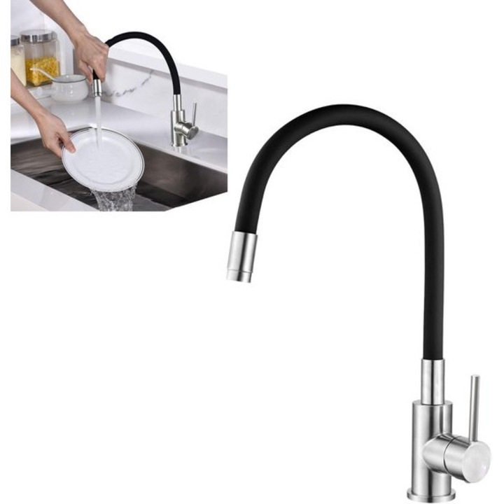 Baterie sanitara, cu dus de 2cm, furtun extensibil negru de 45cm, din otel inoxidabil, pentru bucatarie, baie, gradina