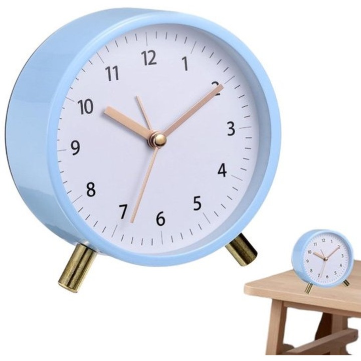 Ceas desteptator compact, metalic, rotund, functie silentioasa, 11.4x11.4x5cm, pentru calatorii, albastru
