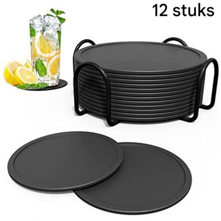 Set suporturi bauturi din silicon, 12 bucati, design negru, rezistente la caldura, usor de curatat
