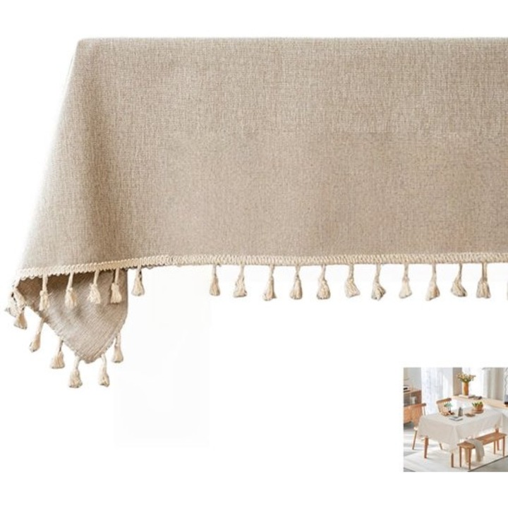 Fata de masa din in, stil rustic, bej deschis, 140x180cm, rezistent la apa