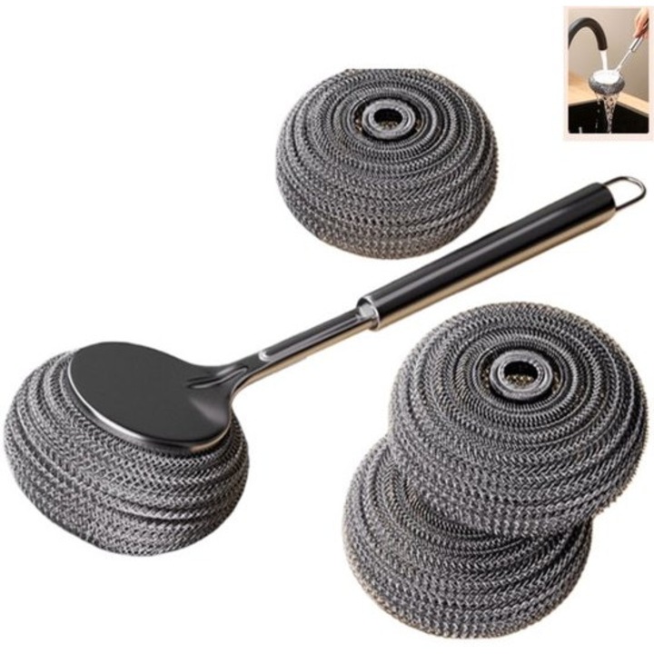 Set de 4 bucati - Burete din lana de otel cu maner - Pad de curatare din otel inoxidabil si perie - 26x9cm