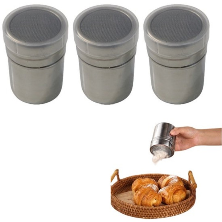 Set 3 piese - Sita pentru pudra cu capac, 6x8cm, argintie, utilizare versatila pentru prajituri si condimente
