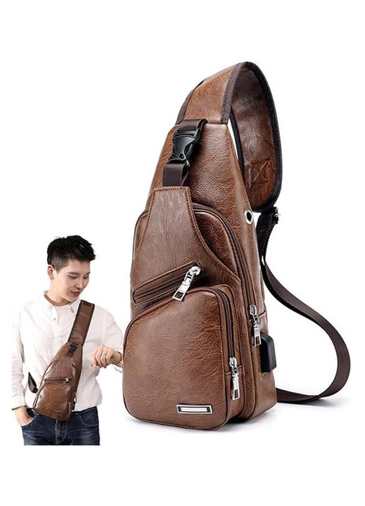 Férfi crossbody táska, ökológiai bőr, külső USB porttal, barna, multifunkcionális