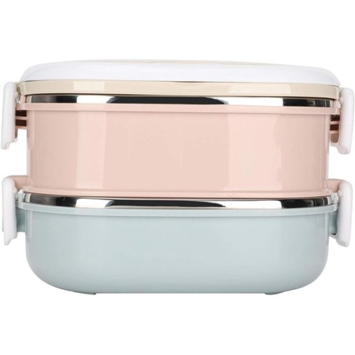 Cutie alimentara dublu strat, 23.5x17.5x10cm, 1000ml, albastra, set cu bol pentru supa, betisoare si lingura