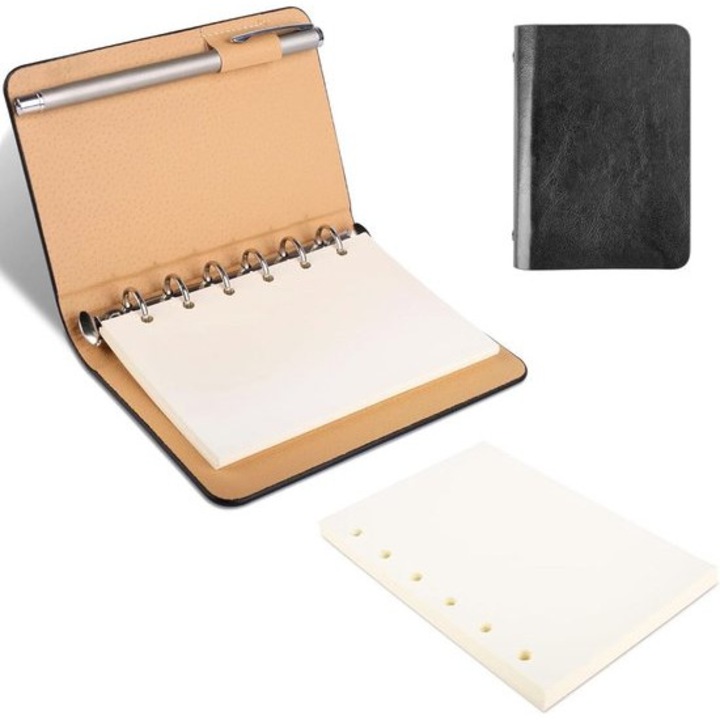 Caiet mini A7, coperta din piele sintetica, 50 foi text, 50 foi de rezerva, bej