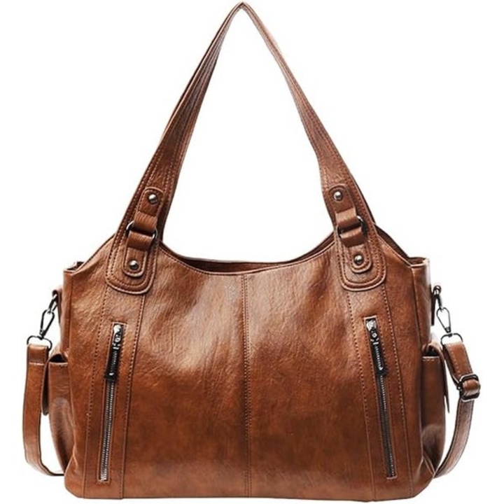 Geanta de umar retro pentru femei, maro deschis, din piele PU, cu multiple compartimente, dimensiuni 40x25x15cm