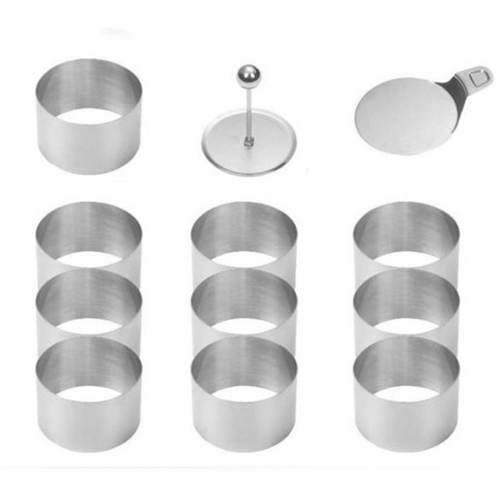 Set 10 forme prajituri din otel inoxidabil, 8 cm, cu presa si spatula