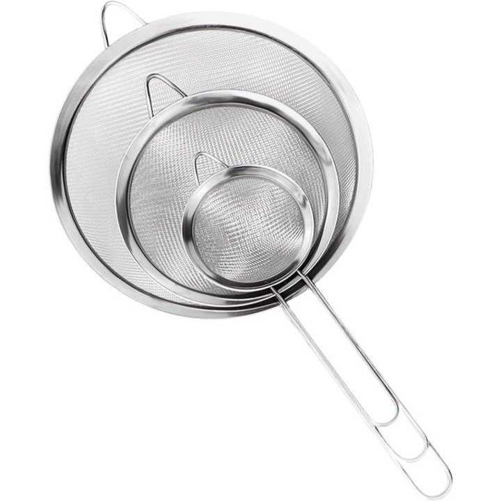 Set de site din otel inoxidabil, 3 piese, dimensiuni 7cm, 12cm, 18cm, pentru faina, ceai, paste, fructe, lavabil in masina de spalat vase