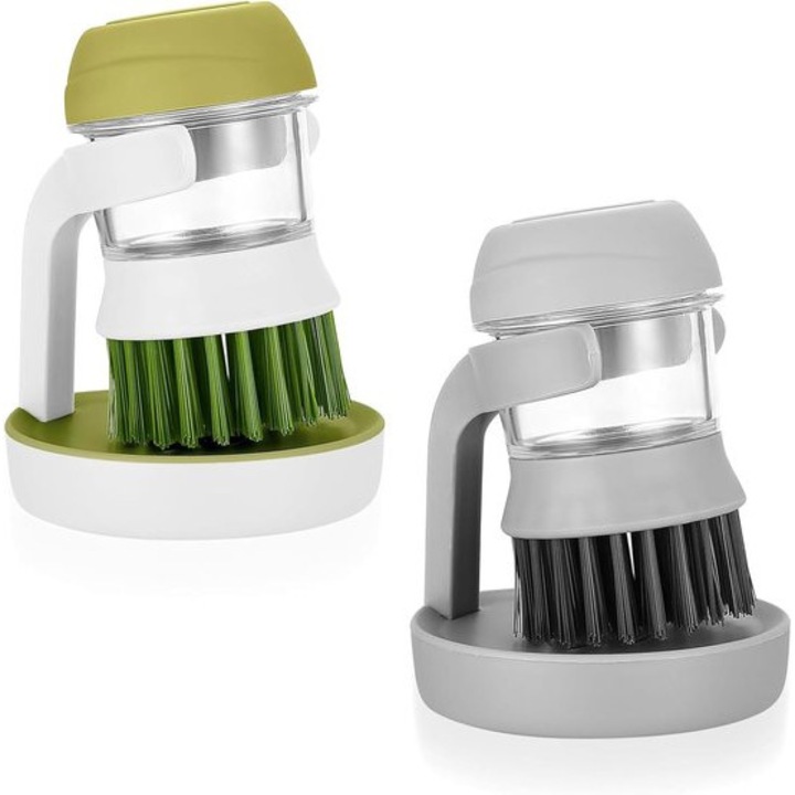 Set de doua perii de spalat vase cu suport si tava de scurgere, design ergonomic, multicolor