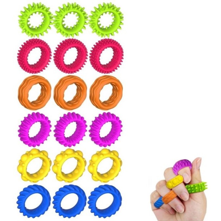 Set de 18 Jucarii Interactive - Rotite Fidget din Silicon - 6 Texturi Diferite - Multicolor - 2.5x2.5x0.96 cm