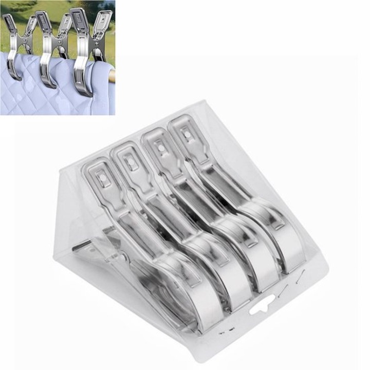 Clips metalice pentru acoperit piscina, set de 4 bucati, design mare, rezistent la vant, 14x2.3x9 cm, argintii