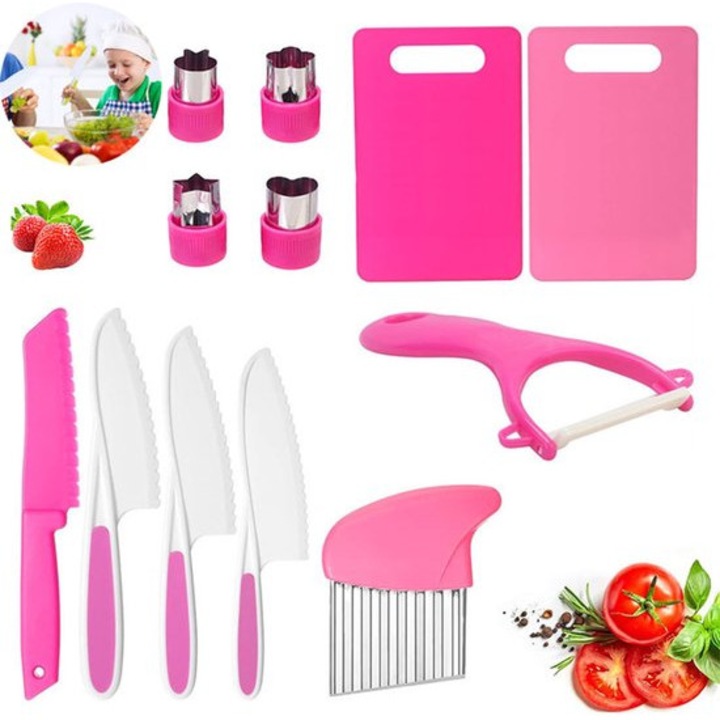 Set complet de bucatarie pentru copii, 12 piese, ustensile din plastic, sigure si ecologice, roz, pentru varste intre 2 si 6 ani