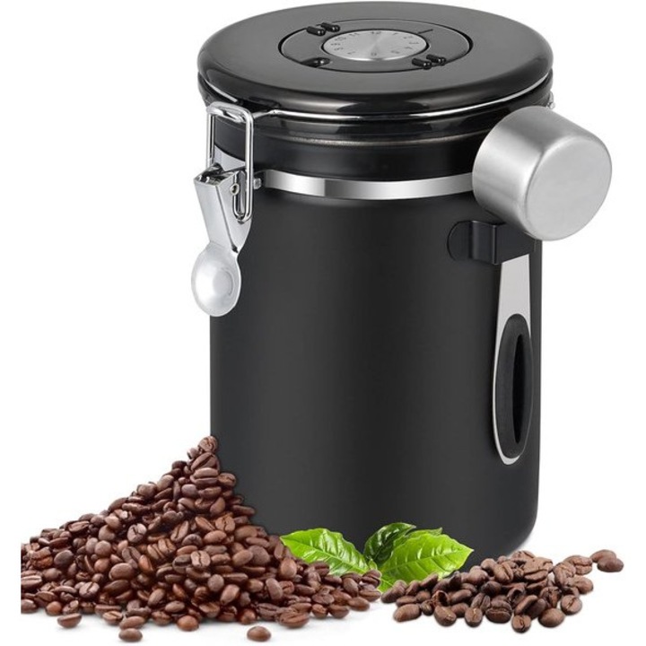 Recipient depozitare cafea inox 1800ml capac negru cu ventil si lingurita masurare