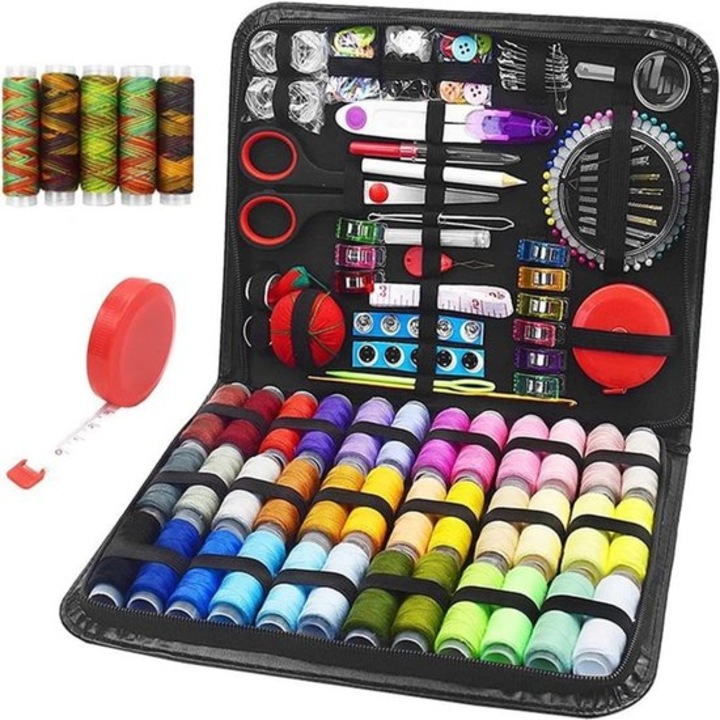 Set de cusut 229 piese, kit de cusut cu ata colorata, foarfece si ace, accesorii de mercerie, multicolor