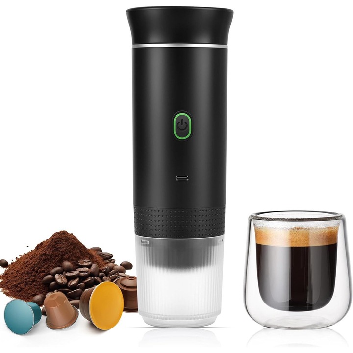 Espressor portabil 3 in 1, negru, cu baterie de 18650mAh, pentru cafea macinata si capsule, ideal pentru calatorii