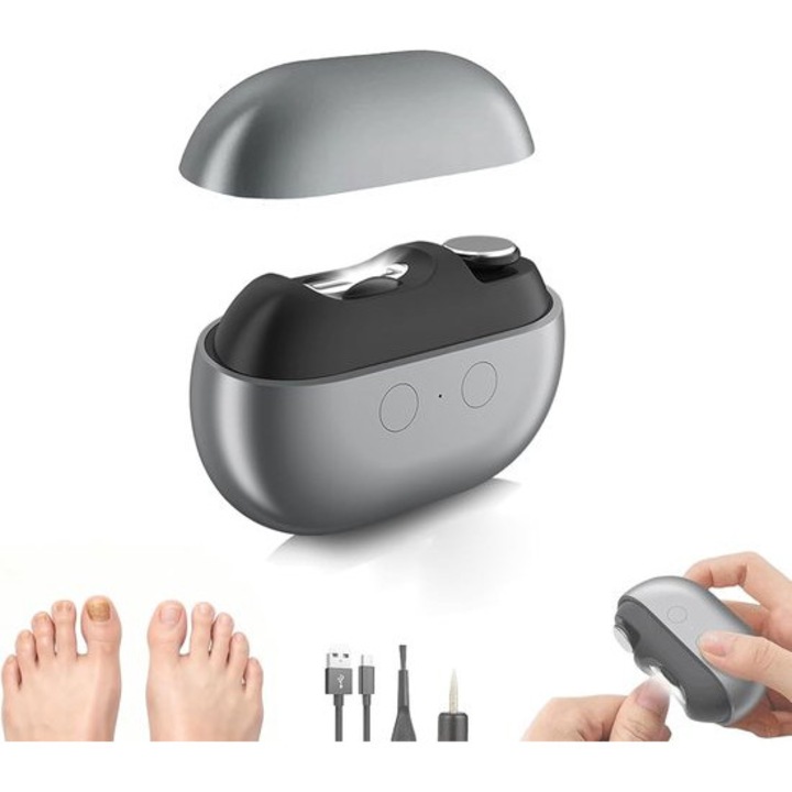 Elektromos körömvágó LED-del, 2 az 1-ben, gyűjtőtálcával, USB-C töltéssel, szürke