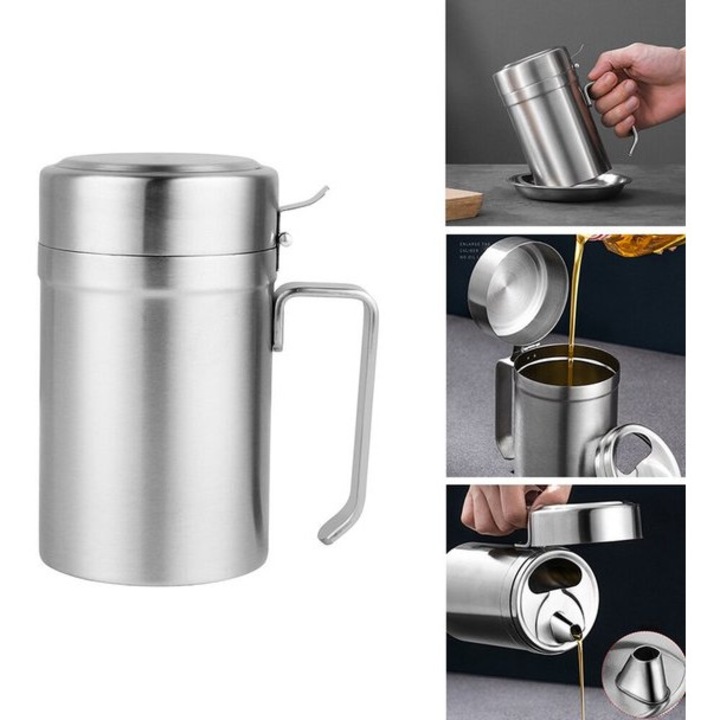 Sticla pentru ulei din otel inoxidabil, capacitate 550 ml, design anti-picurare, dimensiuni 15x8.5cm