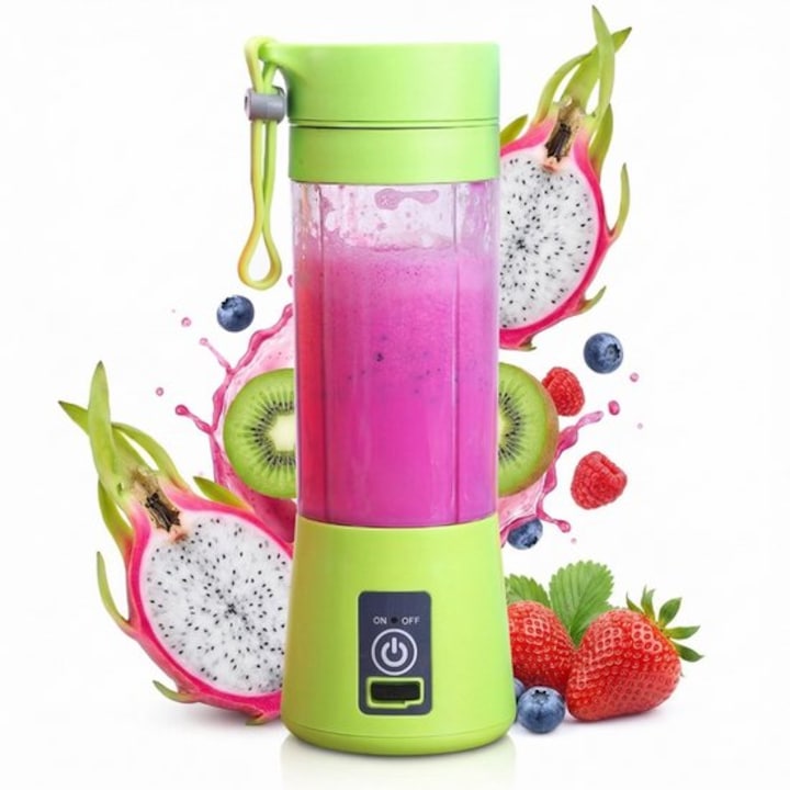 Blender portabil, 500ml, cu recipient mic si capac, USB reincarcabil, pentru sucuri si smoothie-uri, alb