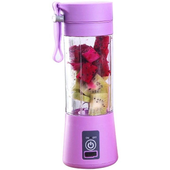 Blender portabil, 380 ml, roz, fara fir, cu 6 lame din otel inoxidabil, ideal pentru smoothie-uri si milkshake-uri