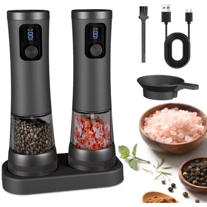 Set rasnite electrice pentru sare si piper, 5 niveluri de macinare, capacitate 100ml, USB-C, design rezistent la scurgeri