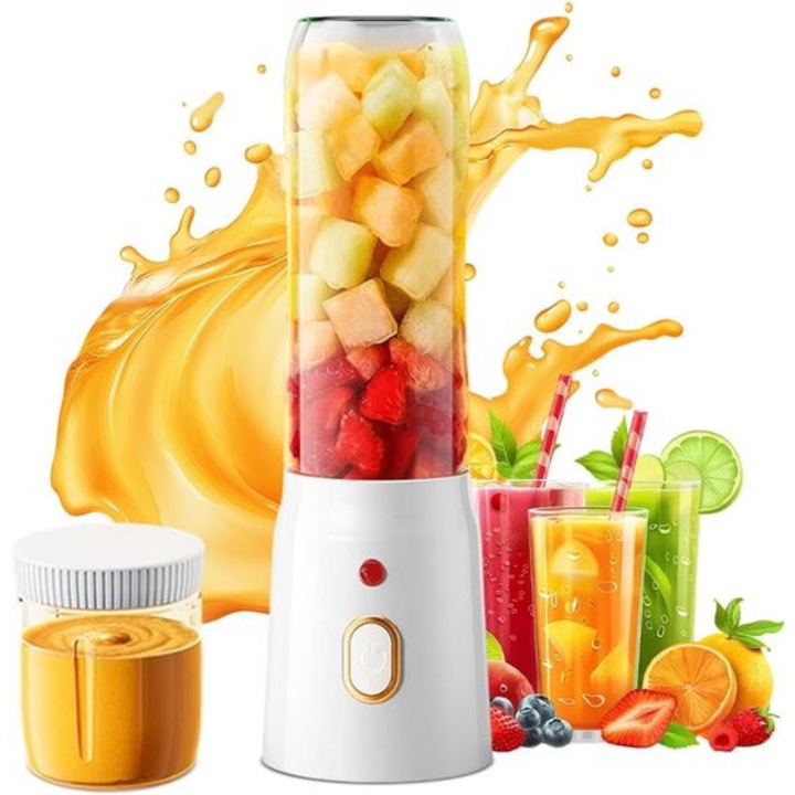 Blender portabil, 500ml, cu recipient mic si capac, USB reincarcabil, pentru sucuri si smoothie-uri, alb