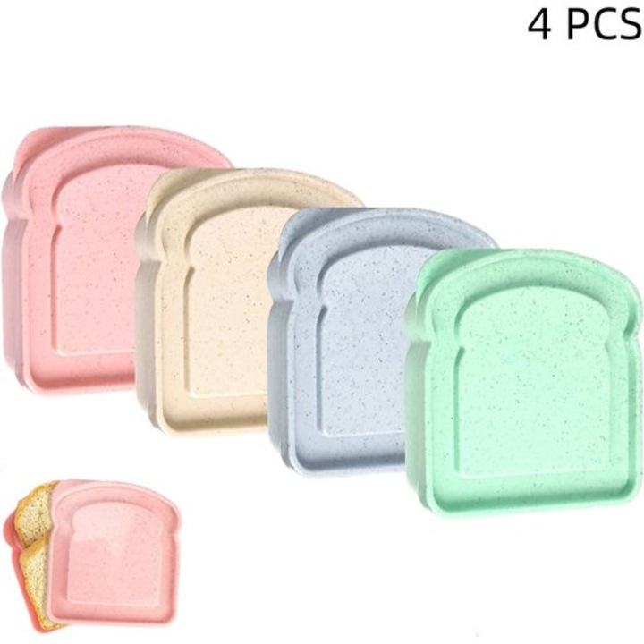 Set 4 cutii alimentare, design toast, 400ml, roz, albastru, verde, bej, 13x12x3cm