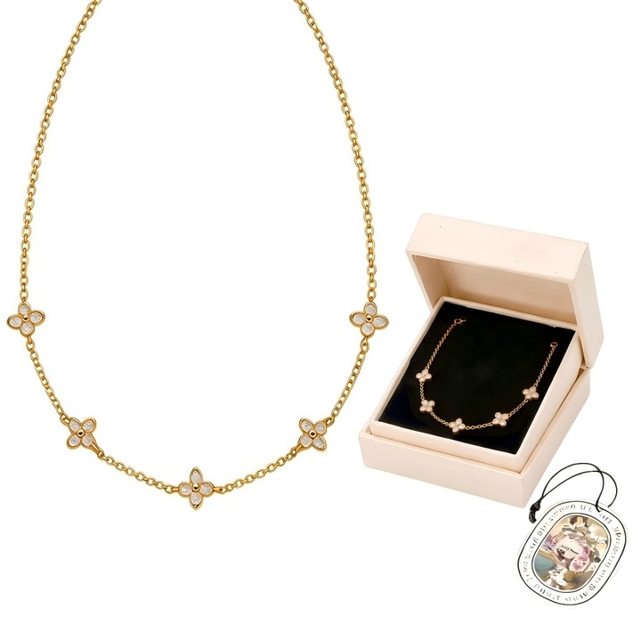 Colier femei flori patru petale zirconii cupru auriu 45x5cm set cadou