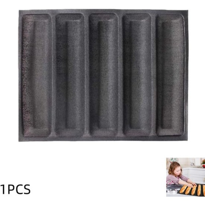 Perforált szilikon sütőforma 5 bagett formával, fekete 46x34mm