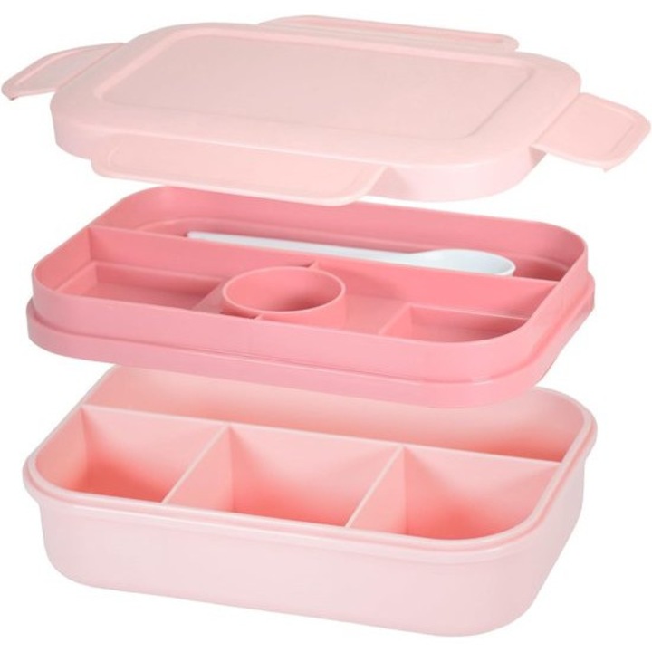 Cutie alimentara cu 8 compartimente, capacitate mare, rezistenta la scurgeri, set tacamuri inclus, roz, 2000ml