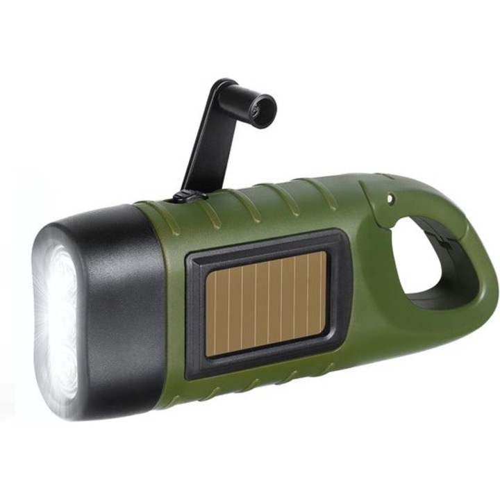 LED-es, kompakt, fehér, kurblis napelemes lámpa, 12.4x4.8x3.3cm