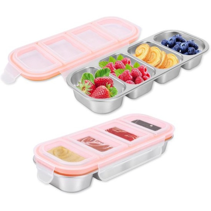 Set de cutii alimentare din otel inoxidabil, 2 piese, 4 compartimente etanse, 26.5x11x4 cm