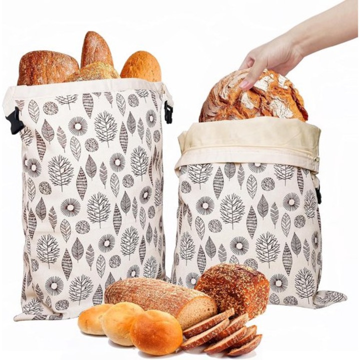 Sac reutilizabil pentru paine din bumbac cu ceara de albine, 30 cm, design cu inchidere tip rucsac, set de 2 bucati