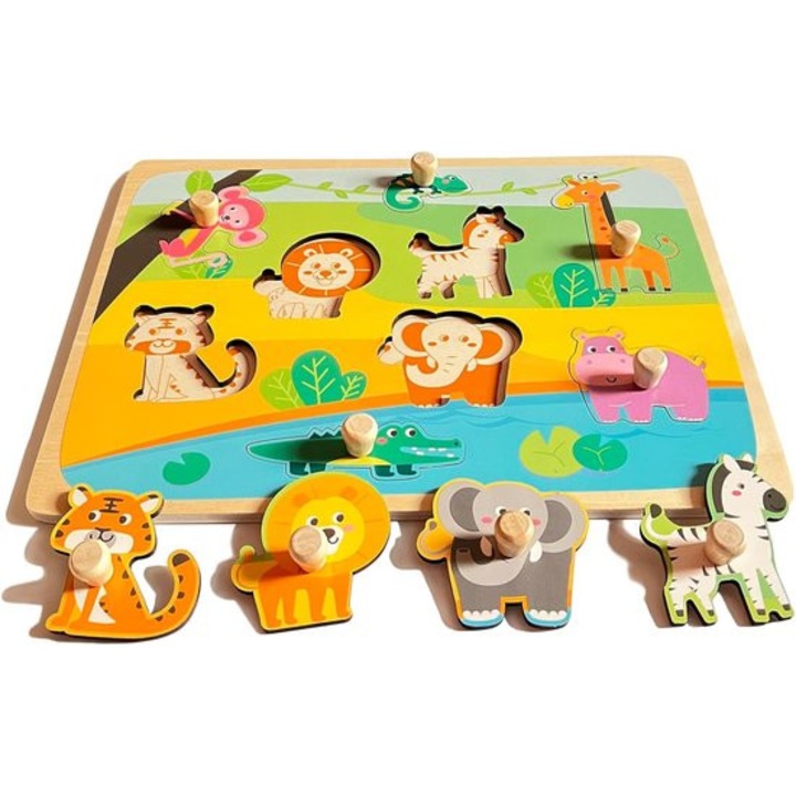Puzzle din lemn pentru copii, design zoo, dezvoltare abilitati motorii fine, 1 set.
