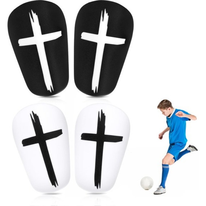 Set de 2 aparatori mini pentru tibie, 8x5 cm, model cu cruce alb-negru, pentru fotbal si sporturi, pentru adolescenti.