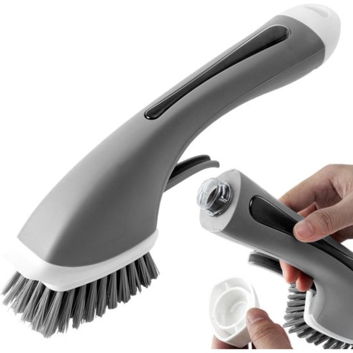 Perie de spalat vase cu dispenser de sapun, rezervor de lichid, manere ergonomice, gri, 29.5x9.5x6.2cm