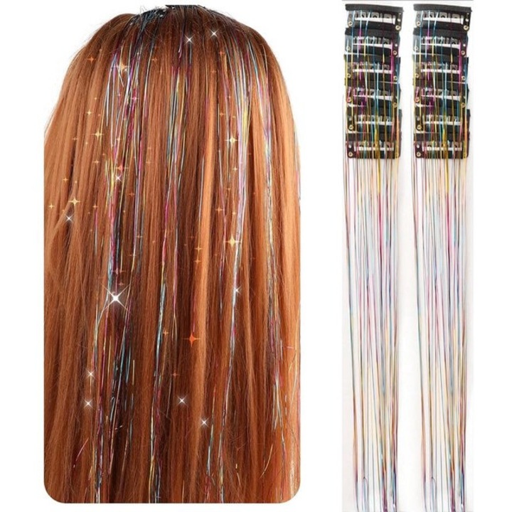 Set 12 extensii de par clip-on stralucitoare, multicolore, pentru un look festiv