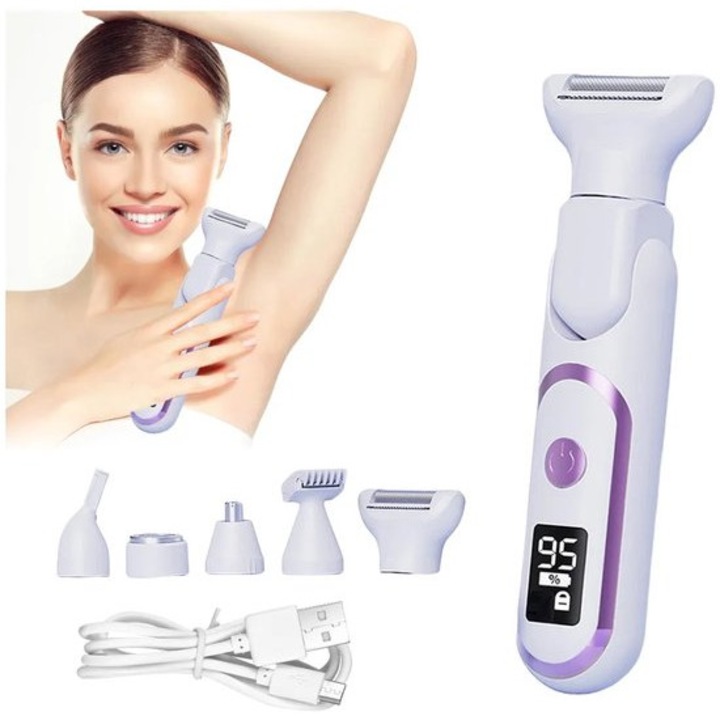 Epilator electric 5-in-1, alb, 17x5cm, impermeabil, cu 5 accesorii interschimbabile