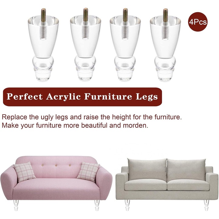Picioare transparente din acril, 4 inch, set de 4, pentru canapele, mese de toaleta, birouri