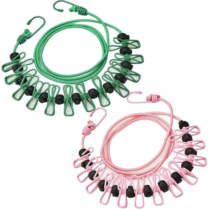 Set 2 sfori de rufe portabile, extensibile, cu 12 cleme, 1.8m-3.6m, roz + verde